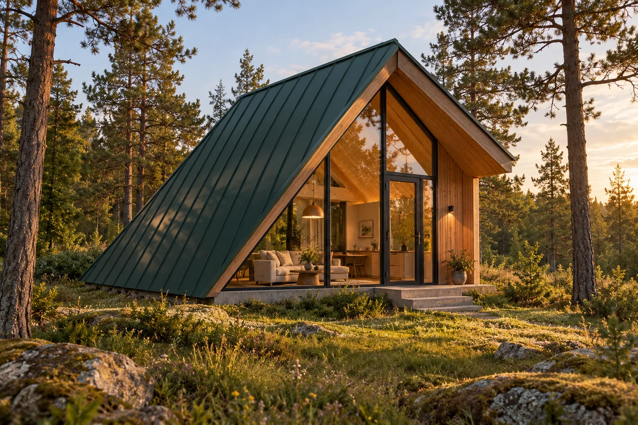 Designinspiration einer kleinen Cabin mit asymmetrischem Dach