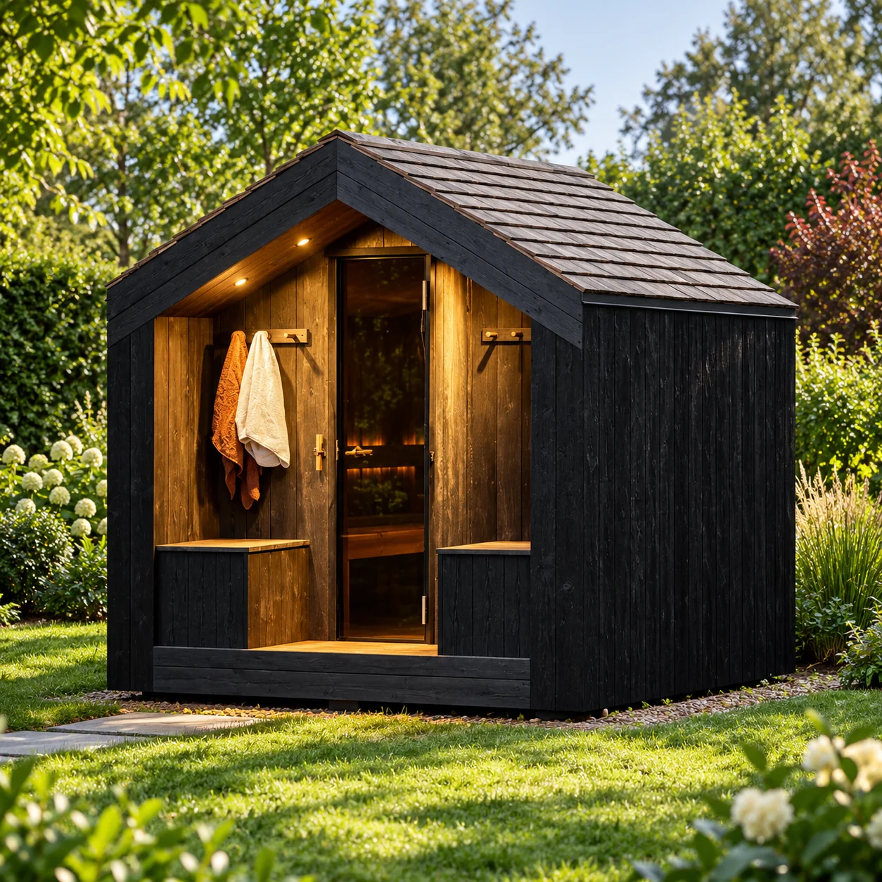 Gartensauna Freya mit Giebeldach und überdachtem Eingang – Visualisierung