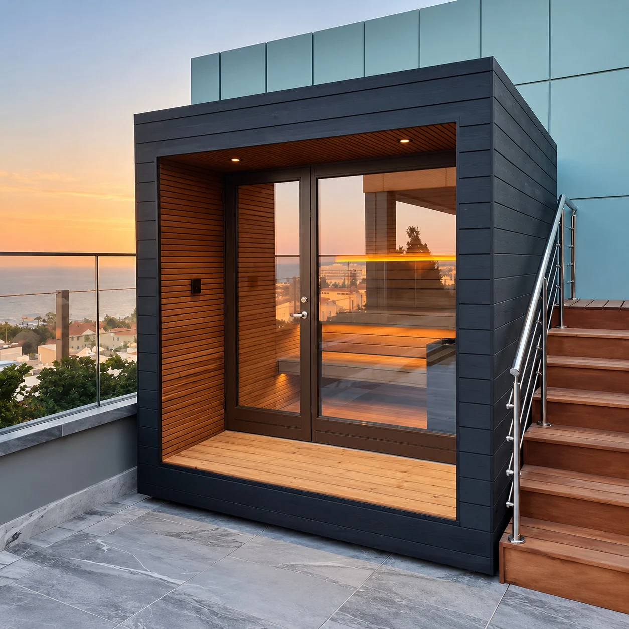 Gartensauna Mira mit Glasfront und zurückgesetztem Eingang