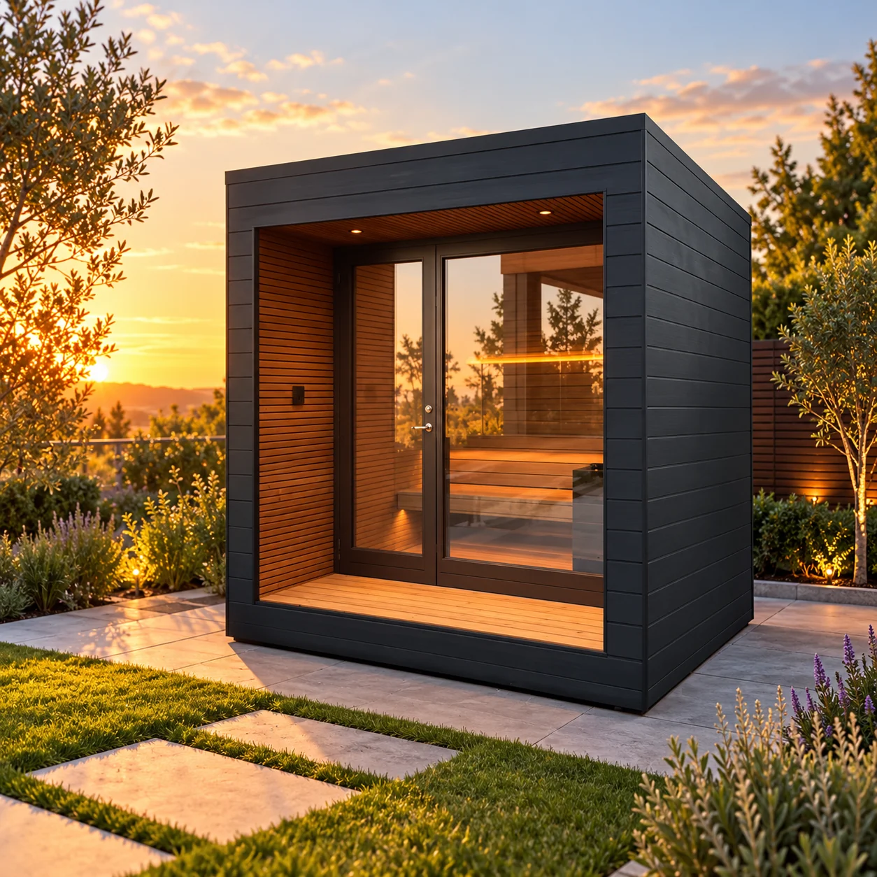 Gartensauna Mira mit dunkler Fassade und Glasfront – Visualisierung